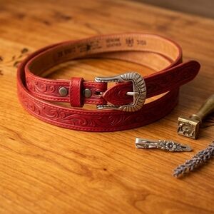 Red Tooled Leather Men's Belt with Silver Western Buckle